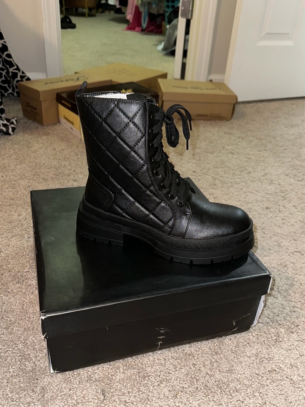 Liliana Black Quilted Lace-Up Combat Boots